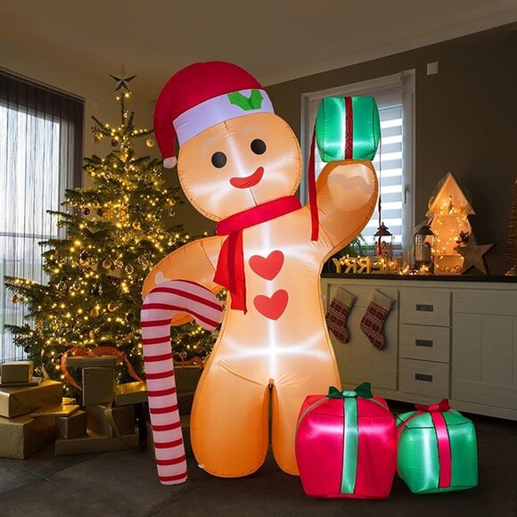 NEW  8FT Inflatable Gingerbread Man with Candy Cane and Three Gift Boxes - Picture 5 of 9